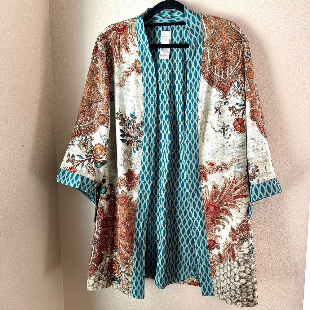 Chico's Reversible Mixed Floral-Geometric‎ Open Front Kimono Size 12-14 ( 2 )